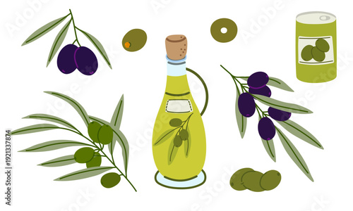Organic olive oil and fresh olives set. Modern flat vector illustration for Mediterranean cuisine, healthy menu, and food packaging. Culinary elements for grocery and kitchen design