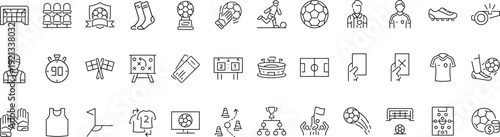 Set of outline icons related to football, soccer. Linear icon collection. Editable stroke. Vector