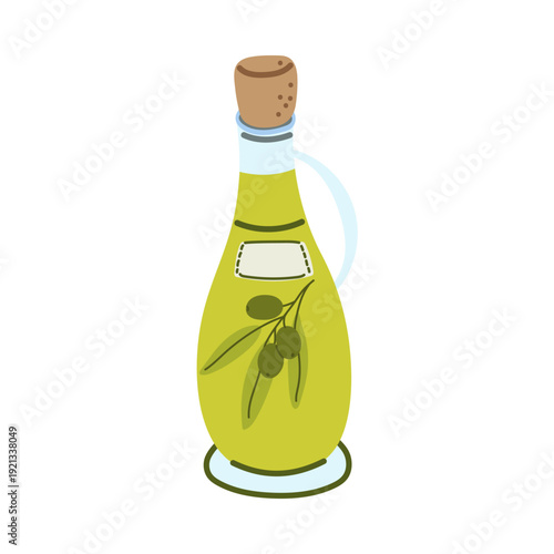 Natural olive oil bottle with handle and cork. Modern flat vector illustration for organic food packaging, healthy cooking, and Mediterranean cafe menu