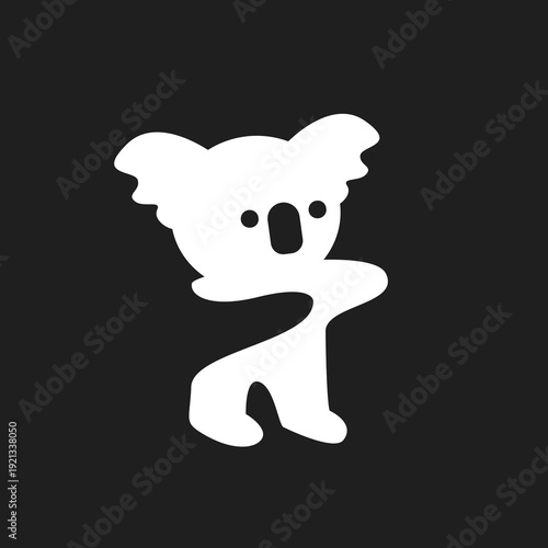 Minimalist White Koala Illustration. Cute Graphic Design of a Stylized Koala Bear Character on a Black Background, perfect for Logos and Branding.
