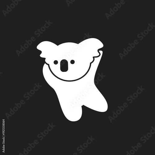 Minimalist White Koala Bear Logo Icon on Black Background, Flat Design Animal Character Illustration