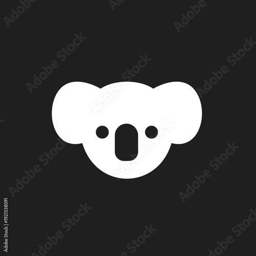 Minimalist White Koala Head Icon on Black Background