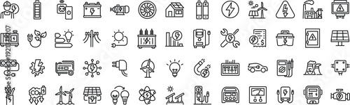 Set of line icons related to energy, electrical energy, electricity. Outline icon collection. Vector