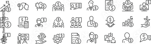Set of outline icons related to financial consulting. Linear icon collection. Editable stroke. Vector