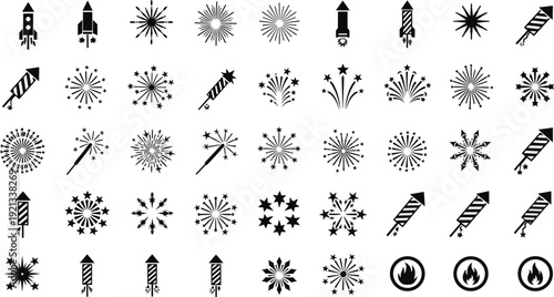 Firework and rocket celebration icon set featuring festive explosion shapes, party symbols, holiday decoration and pyrotechnic design elements