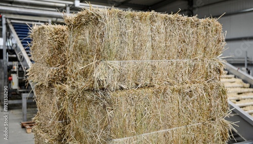 Medium shot of bundled baled kenaf fibers postseparation process highlighting industrial sorting of core and bast components for natural fiber manufacturing.