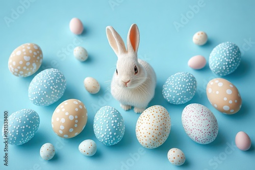 fluffy white bunny surrounded by pastel speckled eggs on a soft blue background, looking curious and adorable