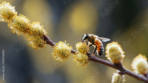 Bee feeding on yellow catkin blossoms along a thin branch, peaceful close-up capturing delicate pollen, translucent wings and warm blurred background