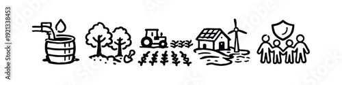 Sustainable Living, Agriculture, and Renewable Energy Hand Drawn Doodle Icons Set