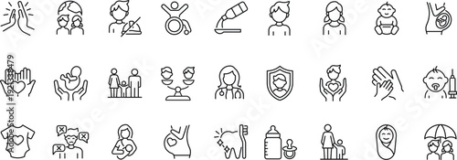 Set of line icons related to child care, international children day, kid rights, parenthood. Outline icon collection. Editable stroke. Vector
