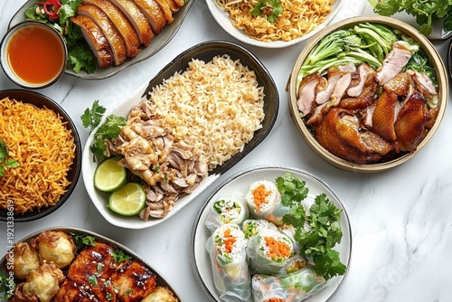 Colorful spread of Asian dishes with roasted sliced duck and chicken, fluffy rice and fried rice, fresh rice paper spring rolls, noodles, lime and dipping sauces — vibrant inviting feast