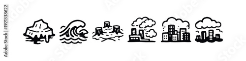 Environmental Problems, Pollution, and Human Impact Hand Drawn Doodle Icons Set