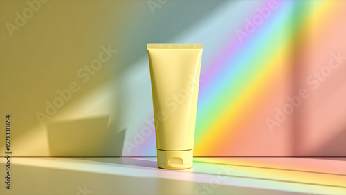 butter yellow matte cosmetic tube mockup standing against soft pastel wall with rainbow light glow, minimal dreamy composition with soft shadow and modern IG color style

