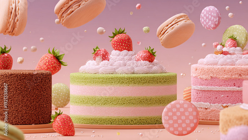 kawaii dessert festival poster, coffee brown and baby pink, realistic matcha cake and strawberry cake with whipped cream, fluffy bread, ultra-detailed texture, food photography lighting, sprinkled sug