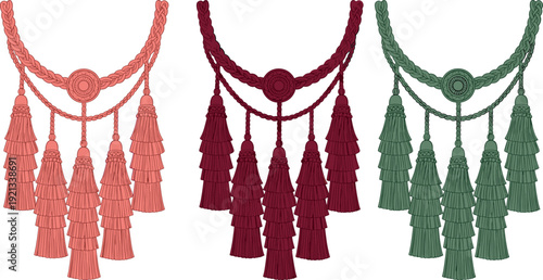 Decorative tassel necklace illustration set in pastel and earthy colors, boho jewelry accessory with braided cords and fringe, ethnic fashion design for crafts, decor and styling