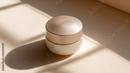 k beauty skincare jar in studio background with natural lighting, bright but light beige or white background and surrounding, but be minimal and elegant, showing from a top view of seeing the whole li