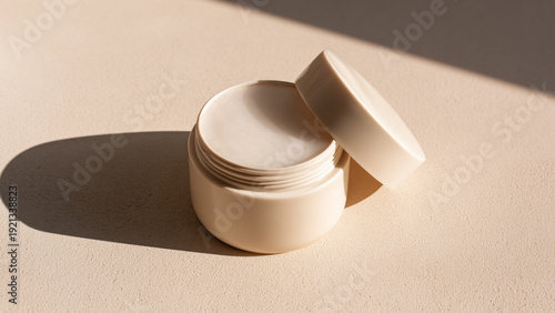 beauty skincare jar in studio background with natural lighting, bright but light beige or white background and surrounding, but be minimal and elegant, showing from a top view of seeing the whole li