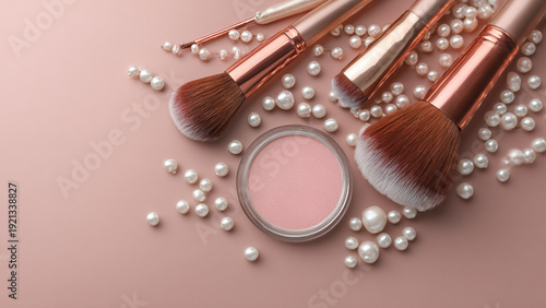 Top view of cosmetic brushes, face powder compact, and scattered pearls arranged on a gradient background of blush pink to rose gold, symmetrical composition, romantic and soft tone, feminine flat lay
