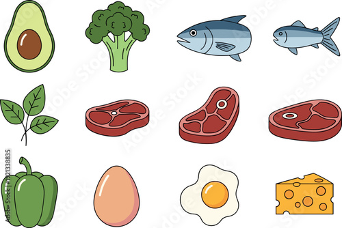 Healthy food illustration set with vegetables, fish, meat, eggs, cheese and avocado, balanced nutrition icons for diet planning, cooking concepts, grocery design and lifestyle graphics