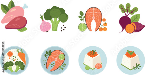 Healthy food illustration set with vegetables, fish, chicken, tofu and balanced meals, colorful nutrition icons for diet planning, clean eating, cooking concepts and modern lifestyle