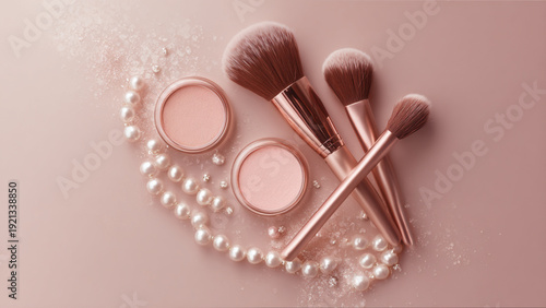Top view of cosmetic brushes, face powder compact, and scattered pearls arranged on a gradient background of blush pink to rose gold, symmetrical composition, romantic and soft tone, feminine flat lay