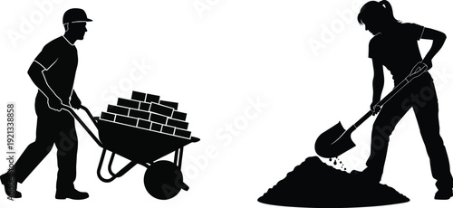 Silhouettes of two workers engaged in construction or yard work