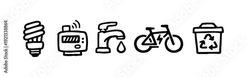 Energy Efficiency, Smart Home, and Sustainable Lifestyle Hand Drawn Doodle Icons Set