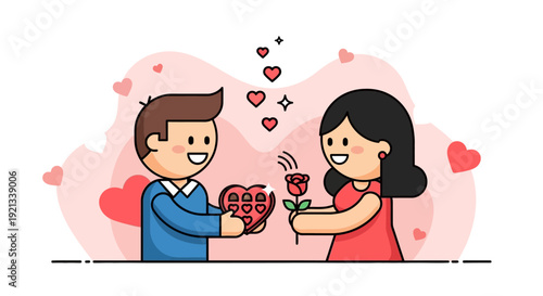 Romantic Young Couple Celebrating Valentine's Day: Flat Design Vector Illustration of a Man Giving a Heart-Shaped Box of Chocolates to a Woman Holding a Red Rose with Floating Heart Icons Background