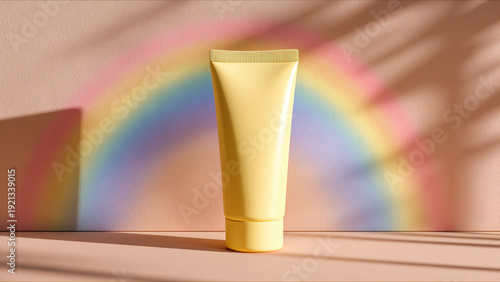 butter yellow matte cosmetic tube mockup standing against soft pastel wall with rainbow light glow, minimal dreamy composition with soft shadow and modern IG color style

