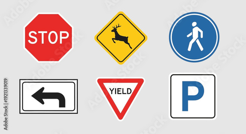 Set of Common Traffic and Road Safety Signs: Minimalist Flat Design Vector Icons Including Stop, Deer Crossing, Pedestrian Walkway, Left Turn, Yield, and Parking Symbols for Driver Education Manuals