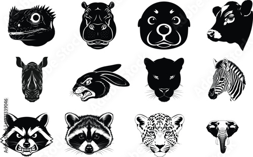 Collection of 12 animal heads in black and white illustrations