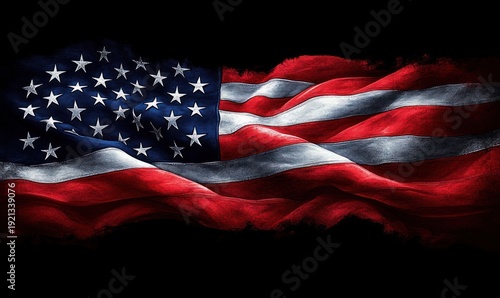 Waving American flag with stars and stripes on a dark background, textured folds conveying solemn pride and dramatic patriotic strength