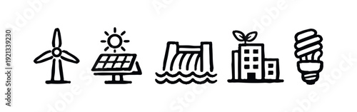 Hand-Drawn Icons of Clean Energy Production and Green Building with Energy-Saving Bulb
