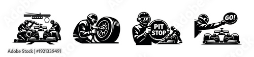 Racing pit crew vector icons set. motorsport, speed symbols collection.