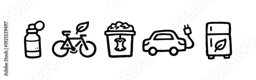 Doodle Icons of Sustainable Habits, Waste Reduction, and Eco-Friendly Appliances