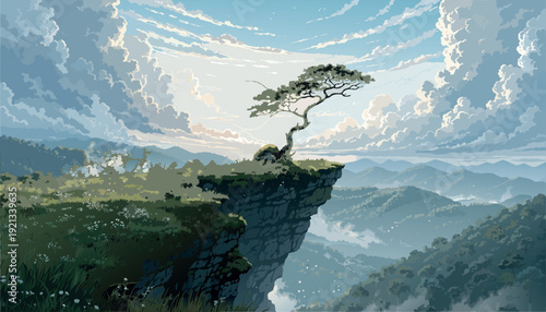 Breathtaking mountain landscape with a lone tree on a rocky cliff edge under a blue sky