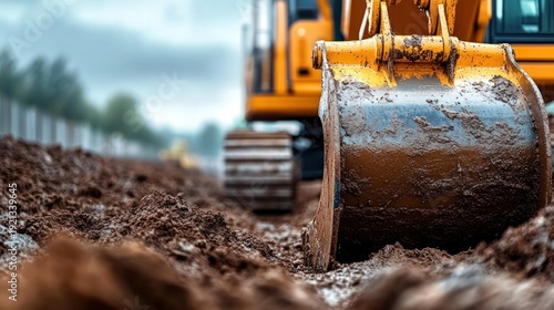 Close-up of muddy excavator bucket digging wet soil on a construction site with tracked vehicle, blurred trees and fence in background, conveying gritty industrial power
