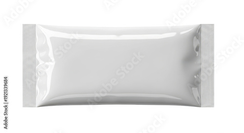 Glossy white rectangular foil sachet for single use product packaging. Isolated on transparent background, png