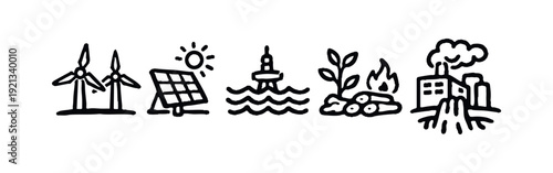 Doodle Icons of Renewable Energy, Biofuel, and Industrial Pollution Contrast
