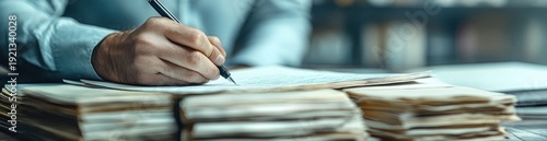 Close-up of a person's hand writing with a pen on stacked documents and folders on a desk, conveying focused, diligent office work and paperwork review