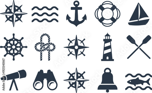Nautical marine silhouette icon set featuring compass anchor lighthouse ship rope ocean navigation symbols isolated on white background