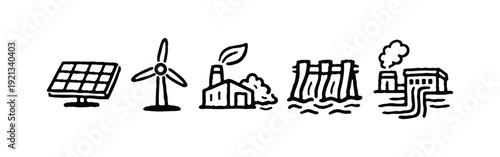 Energy Generation and Power Plant Icons - Renewable and Traditional Energy Sources Collection