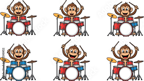 Set of cute cartoon monkey playing drum kit illustration, funny animal drummer character collection isolated on white background for kids music design