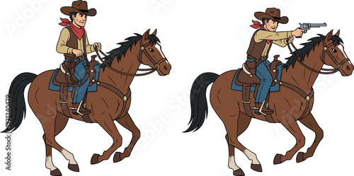 Wild west cowboy riding horse illustration set, gunslinger aiming revolver in action pose for western adventure themes, vintage frontier stories, comic art and character design