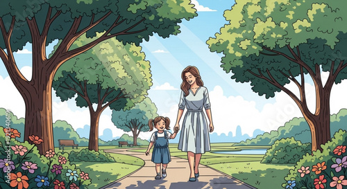 Mother and child walking hand in hand on a park path surrounded by trees and flowers on a sunny day with a city skyline in the background