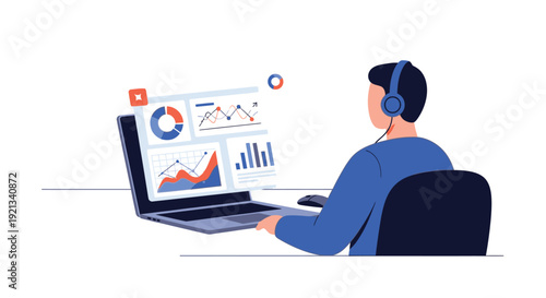 Data Analyst Working Charts Headphones Vector