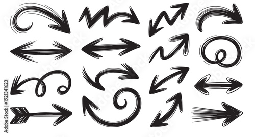 Set of arrows Include a variety of arrow styles such as straight arrows up, down, left, right, curved arrows, circular arrows,  zigzag arrows, dashed arrows, bold arrows design 