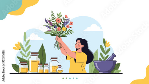 Woman happily collecting fresh flowers and herbs for aromatherapy and natural medicine, surrounded by essential oil bottles and a mortar.