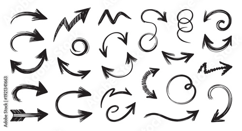 Set of arrows Include a variety of arrow styles such as straight arrows up, down, left, right, curved arrows, circular arrows,  zigzag arrows, dashed arrows, bold arrows design 