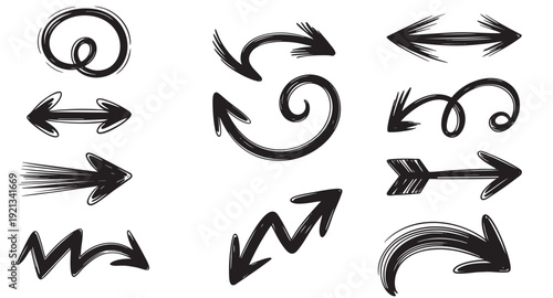 Set of arrows Include a variety of arrow styles such as straight arrows up, down, left, right, curved arrows, circular arrows,  zigzag arrows, dashed arrows, bold arrows design 